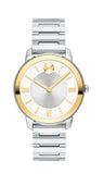 Movado Trend, 32 mm stainless steel case with yellow gold bezel and silver sunray dial on stainless steel bracelet.