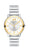Movado Trend, 32 mm stainless steel case with yellow gold bezel and silver sunray dial on stainless steel bracelet.