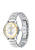 Movado Trend, 32 mm stainless steel case with yellow gold bezel and silver sunray dial on stainless steel bracelet.
