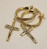 White and Yellow Gold Drop & Dangle Huggie Crucifix Cross Earrings