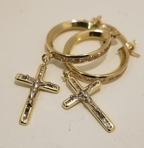 White and Yellow Gold Drop & Dangle Huggie Crucifix Cross Earrings